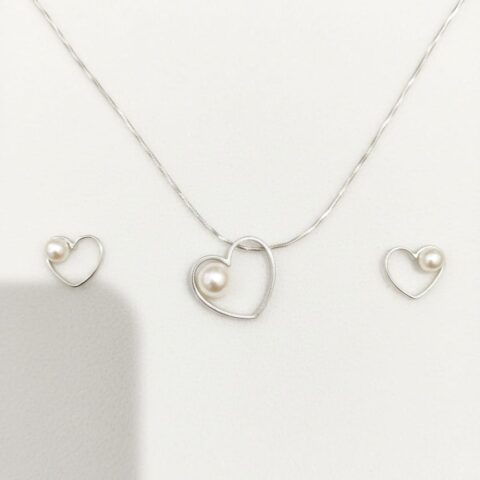 925 Sterling Silver Heart Pendant Necklace & Earring Set with Classic Pearl Style Jewellery